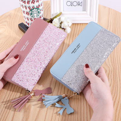 2020 New Wallet Long Women's Zip Wallet Women's Korean-Style Stitching Contrast Color Tassel Wild Card Holder Mobile Phone Bag