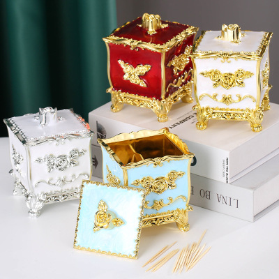 European Style Toothpick Box Household High-End Cotton Swab Tube Creative Living Room Desktop Two-in-One Hand Storage Organize Box Cans Wholesale