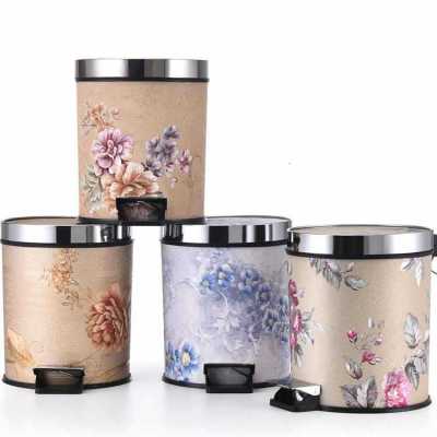 Household Plastic Trash Can Foot Open Cover Stainless Steel Ring Trash Can Fashion Wallpaper Wastebasket Factory Direct Supply