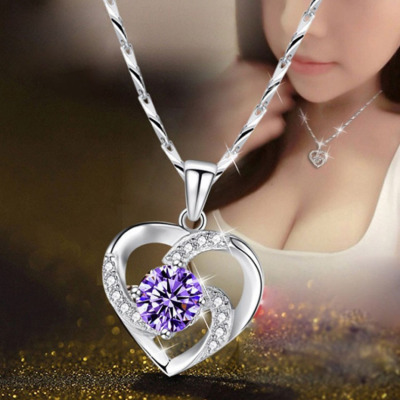 New Eternal Crystal Clavicle Chain Japanese and Korean Style Heart-Shaped Pendant 925 Silver Plated Diamond Sapphire Necklace for Women