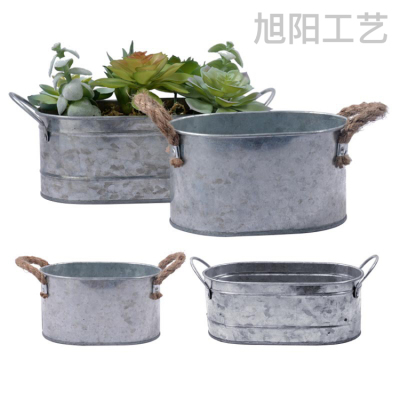 Self-Produced and Self-Sold Oval Binaural Retro Tin Flowerpot Container Iron Bucket Gardening Flowerpot Succulent Simulation Plant Flowerpot
