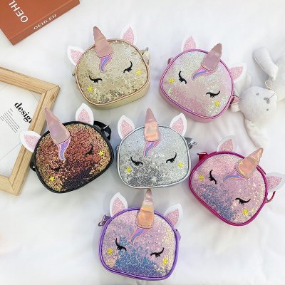 New Children's Bags Colorful Shiny Unicorn Girls Cute Cartoon Fashion Pu Shoulder Bag Crossbody Coin Purse