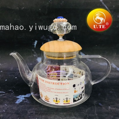 Diamond Head Wooden Lid Borosilicate Glass Teapot Coffee Pot
