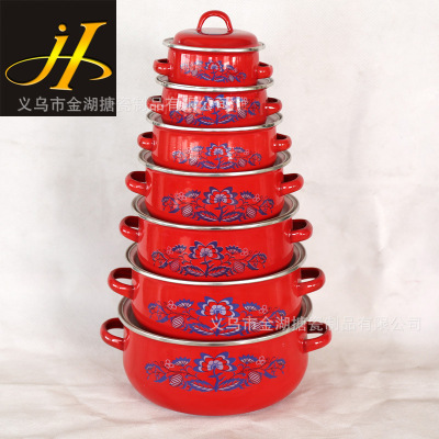 Red Enamel Pan Enamel Ware Series Factory Direct Supply Enamel Binaural Stew Pot 7-Piece Set 688ed3