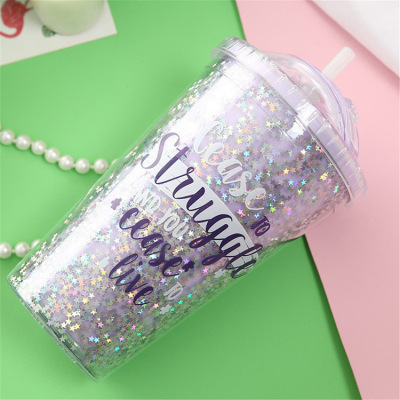 Personalized Milk Tea Cup with Straw Slide Cover Double Plastic Straw Cup Cup with Straw 450ml Sequin Cup