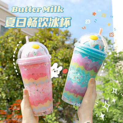 Summer Crushed Ice Cup Double-Layer Plastic Cup Creative Egg Cup Portable Office Household Korean Style Internet Celebrity Straw Cup