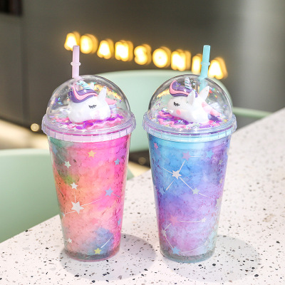 Korean Cartoon Cute Colorful Unicorn Ice Cup Men and Women Creativity Student Plastic Drinking Straw Female Gift Cup