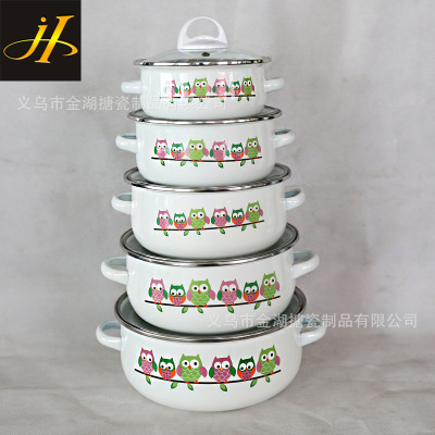 Enamel Double-Ear Stew Pot Glass Cover Enamel Pot Enamel Casserole Stew Pot Soup Pot Milk Pot 673 5-Piece Enamel Owl
