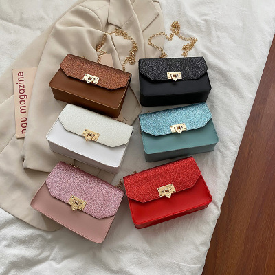 Guangzhou Women's Bag 2021 Summer Korean Frosted Sequins Lock Chain Color Matching Small Square Bag Shoulder Crossbody Phone Bag