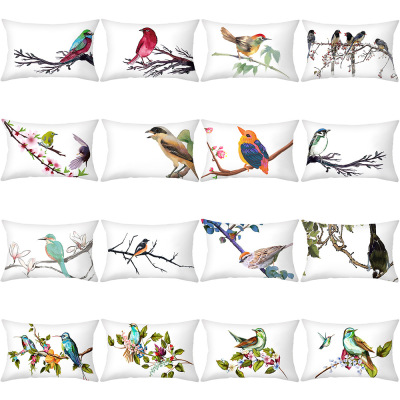 Flower and bird series waist pillow Chinese style peach skin velvet printed cushion cover living room sofa cushion cover