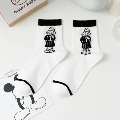 Women's Socks Autumn and Winter New Korean Black and White Cartoon Ins Fashion Japanese College Style JK Mid-Calf Personality All-Matching Women's Socks