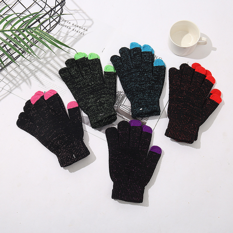 彩色亮丝触屏晴纶全指新款保暖手套厂家直销