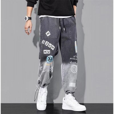 Autumn and Winter Loose Denim Pants Men's Korean-Style Trendy Internet Celebrity Graffiti Ankle Banded Pants Trendy Brand Casual All-Matching Harem Pants