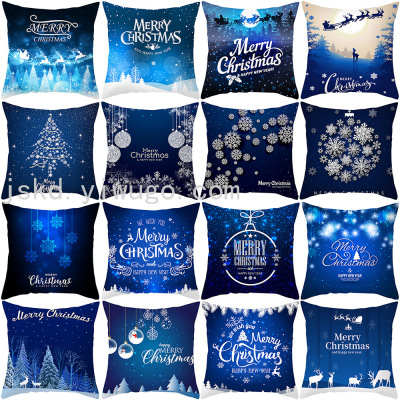 Cross-BorderChristmas Pillow Cover Elk Printing Peach Skin Fabric Couch Pillow Dark Blue Snowflake Landscape Home Pillow