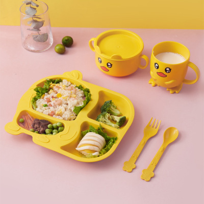 Children's Dinner Plate Kindergarten Grid Small Yellow Duck Tableware Cartoon Gift Tableware Household Creative Baby Solid Food Bowl