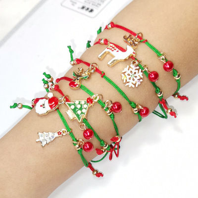 New Santa Claus Snowflake Elk Christmas Tree Woven Bracelet Christmas Present Small Gift Wholesale