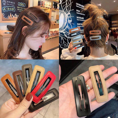 Korean Fashion Leather Barrettes Internet Celebrity Simple Bangs Clip Fashion BB Clip Back Head Hairpin PU Leather Clip