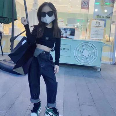 2021 Korean Style Fried Street Children's Suit Medium and Large Children's Denim Bloomers Daddy Pants Girls' Bottoming Shirt Two-Piece Suit Fashion