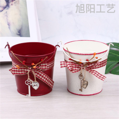 American-Style Village Style Plaid Love Lock with Handle Metal Pots Storage Bucket Home Decoration Photography Props