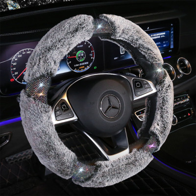 Colorful Crystals Winter Car Steering Wheel Cover Furry Diamond-Embedded Handle Cover Hot Drilling Warm Rhinestone Car Supplies Interior Decoration