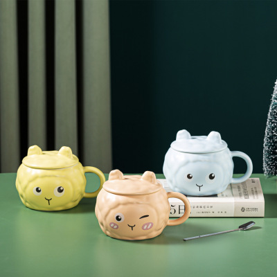 Revo Ceramic Cute Cartoon Ceramic Cup Creative Sheep Breakfast Cup Macron Color Animal Shape Cup