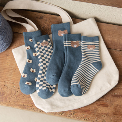 Socks Winter Blue Color Bear Thick Socks  Korean Cartoon Cute Stripes Thick Checks Warm Women's Terry Terry Sock