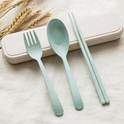 Factory Wholesale Wheat Straw Tableware Set Three-Piece Set Maixiang Spoon Fork Chopsticks Student Outdoor Travel Portable Tableware