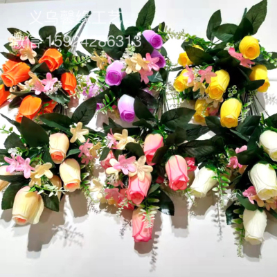 Yiwu Screen Artificial Flower Factory Wholesale Plastic Silk Flower 7 Roses Spring Buds Touch Silk Cloth Silk Flowers