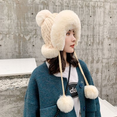 Hat Female Winter Korean Warm Knitted Hat Sweet Cute Ushanka All-Matching Fleece-Lined Ear Protection Cycling Wool Cap