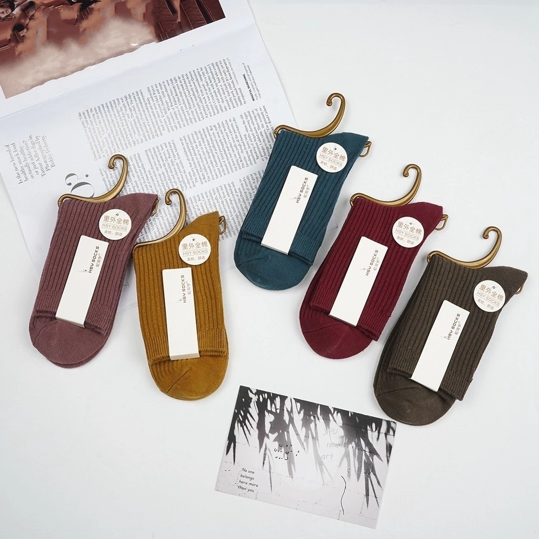 秋冬新款女士双针棉袜 精梳棉复古色双针女袜新款