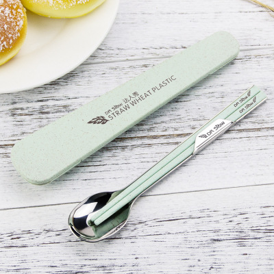 Wheat Straw Tableware Stainless Steel Spoon Chopsticks Travel Student Portable Two-Piece Set Cutlery Box Factory Wholesale