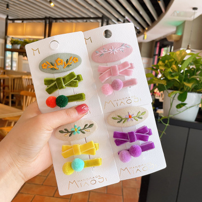 Korean Style New Children's Embroidery Flower Barrettes Little Girl Fabric Bow Edge Clip Contrast Color Hair Ball Hairpin Sets