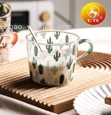 Single Layer Cactus Glass Mug Breakfast Cup with Scale