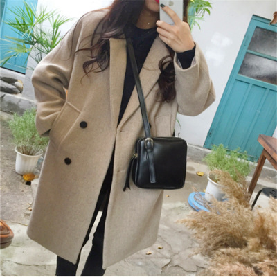 2021 Autumn and Winter New Casual Woolen Coat Women's Loose Slimming Mid-Length Double-Breasted Woolen Overcoat for Women