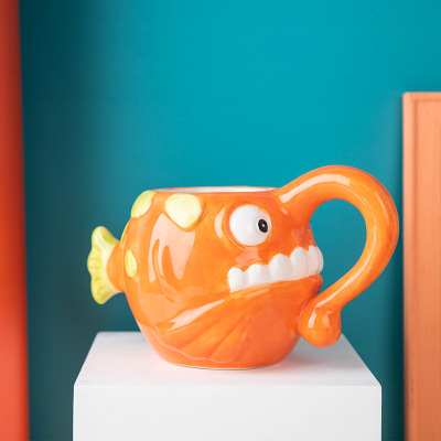 Cartoon Marine Animal Cup Creative Porcelain Cup 3D Lantern Fish Cup Shaped Cup Novelty Mug Coffee Cup Flower Pot