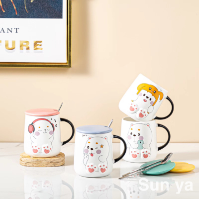 Hot Selling Cartoon Ceramic Cup Creative Glass with Cover with Spoon Coffee Cup Cute Mug