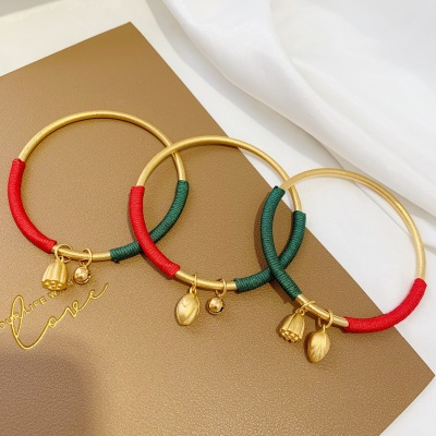 Two Shihuan Red and Green Rope Lotus Seedpod Lotus Seed Pendant Wristband Bracelet Chinese Style Vietnam Placer Gold Bell Bracelet for Children