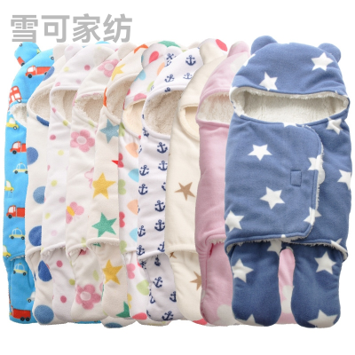 Newborn Swaddling Sleeping Bag Split Leg Baby Double-Layer Thickened Polar Fleece Comfortable Cotton Fleece Polyester Printed Plush 65*75