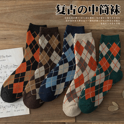 Rhombic College Socks for Women Autumn and Winter Mid-Calf Length Socks Thickened Fleece-Lined Warm Wool Socks Ins Korean Stockings Wholesale