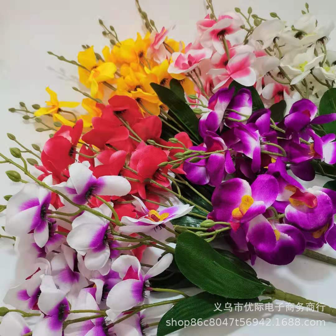仿真花卉 5叉染色蝴蝶兰20头仿真花束人造植物假花绢花 厂家直供