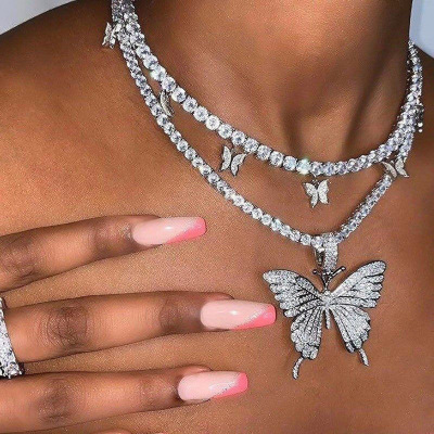 Cuban Butterfly Necklace Europe and America Cross Border Rhinestone Butterfly Pendant Necklace Hip Hop Ear Accessories Tennis Choker