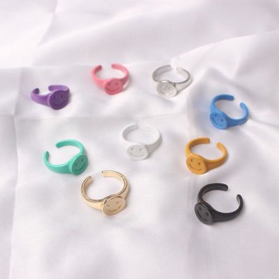 European and American Fashion Trendy Retro Hong Kong Style Candy Color Multicolor Smiley Face Popular Cold Wind Open Ring Men and Women Style