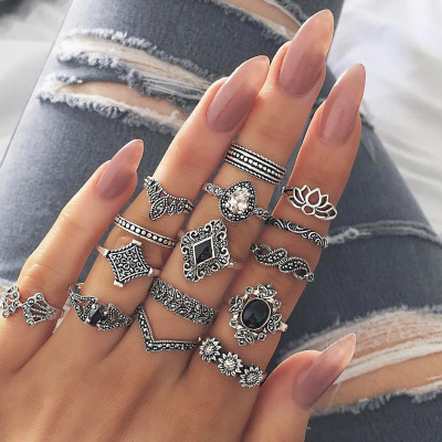 Cross-Border Supply Bohemian Retro Antique Silver Lotus Women's New Personalized 15 Pieces Set Rings Wholesale