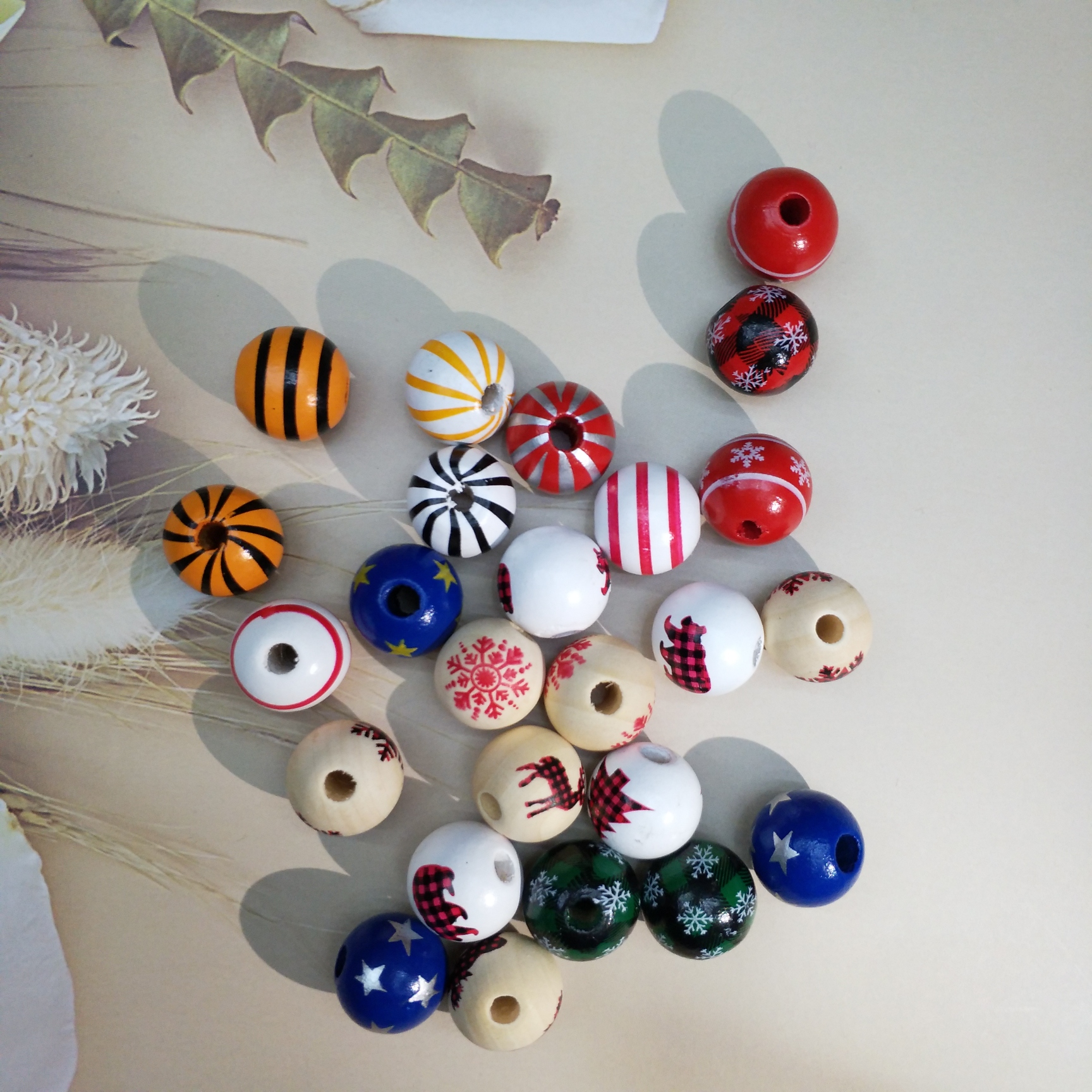 方格木珠圣诞条纹图案16MM禾木印刷饰品挂件配饰