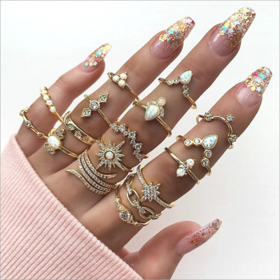 Amazon Foreign Trade New European and American Bohemian Style Ring 17-Piece Set Diamond Set Rings Ornament