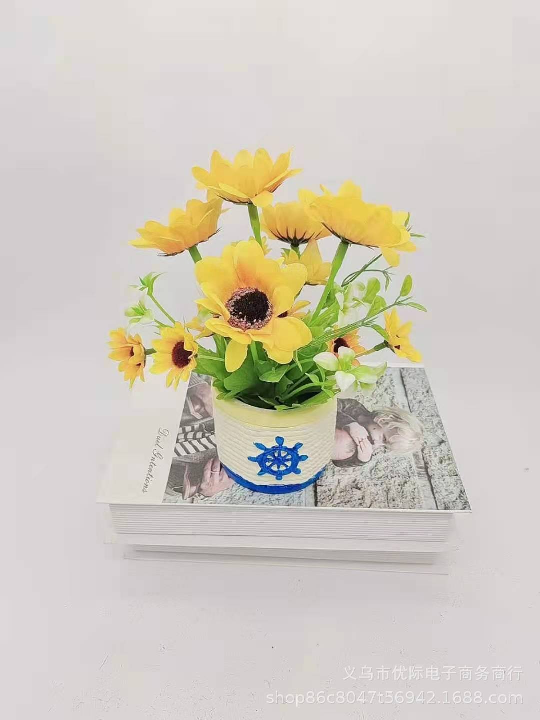 新款仿真花混色 海锚陶瓷盆摆件工艺装饰品盆景多款假花厂家直销