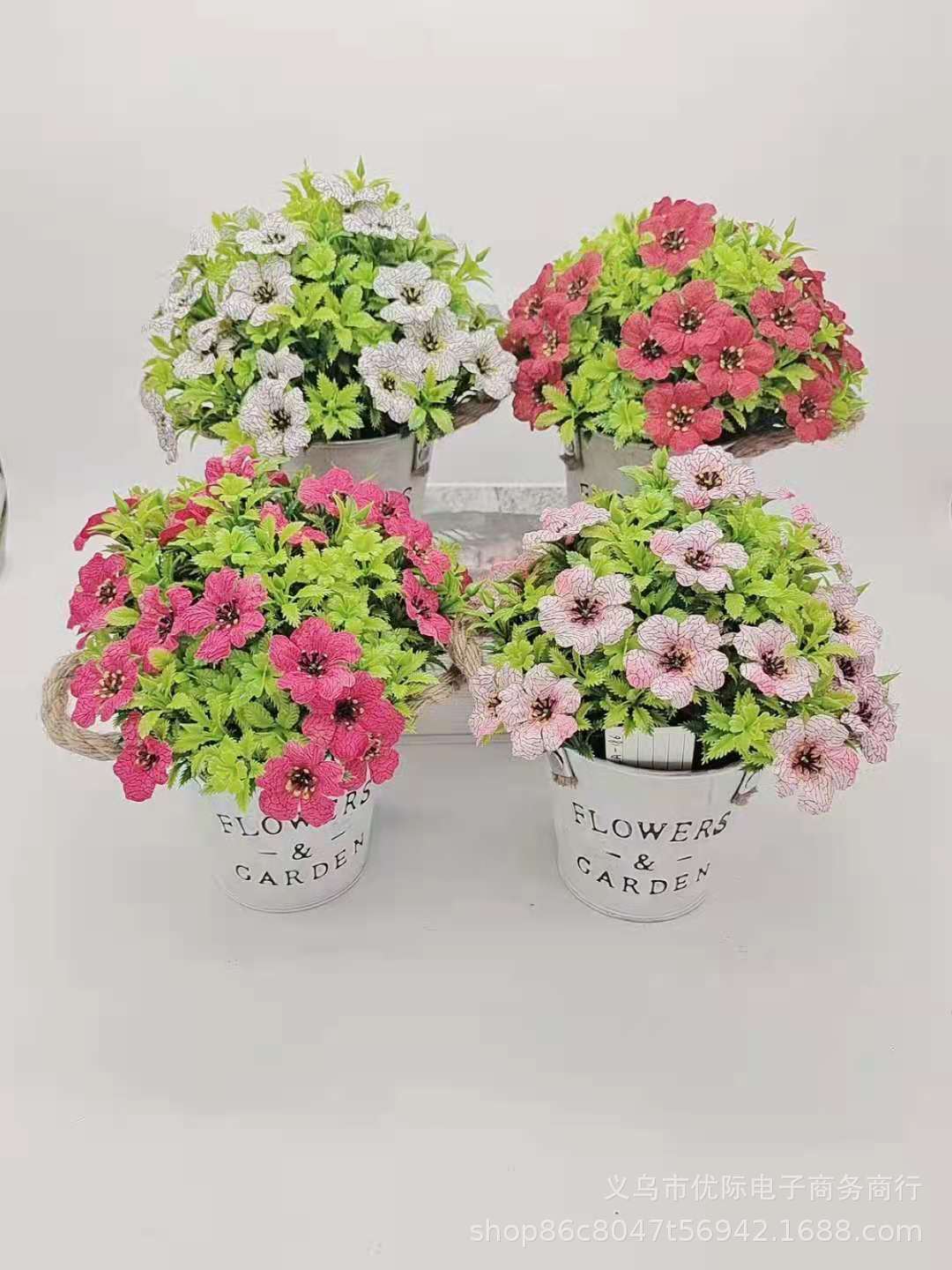 尤加利雪花纹布花铁桶盆栽 仿真绿植人造花室内外装饰假花批发