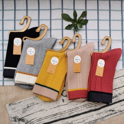 High-End Double Needle Machine Socks Wholesale Contrast Color Stripe Color Matching Women's Socks Cashmere Double Needle Women's Socks