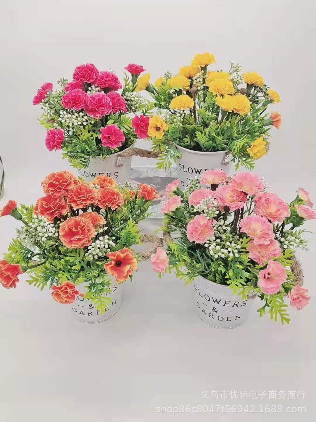 复古美式康乃馨麻绳铁桶 仿真盆景假花工艺摆件绿植盆栽厂家批发