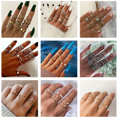 European and American Exaggerated Alloy Star Moon Ring Set Female Retro Fashion Knuckle Ring Bohemian Hand Jewelry